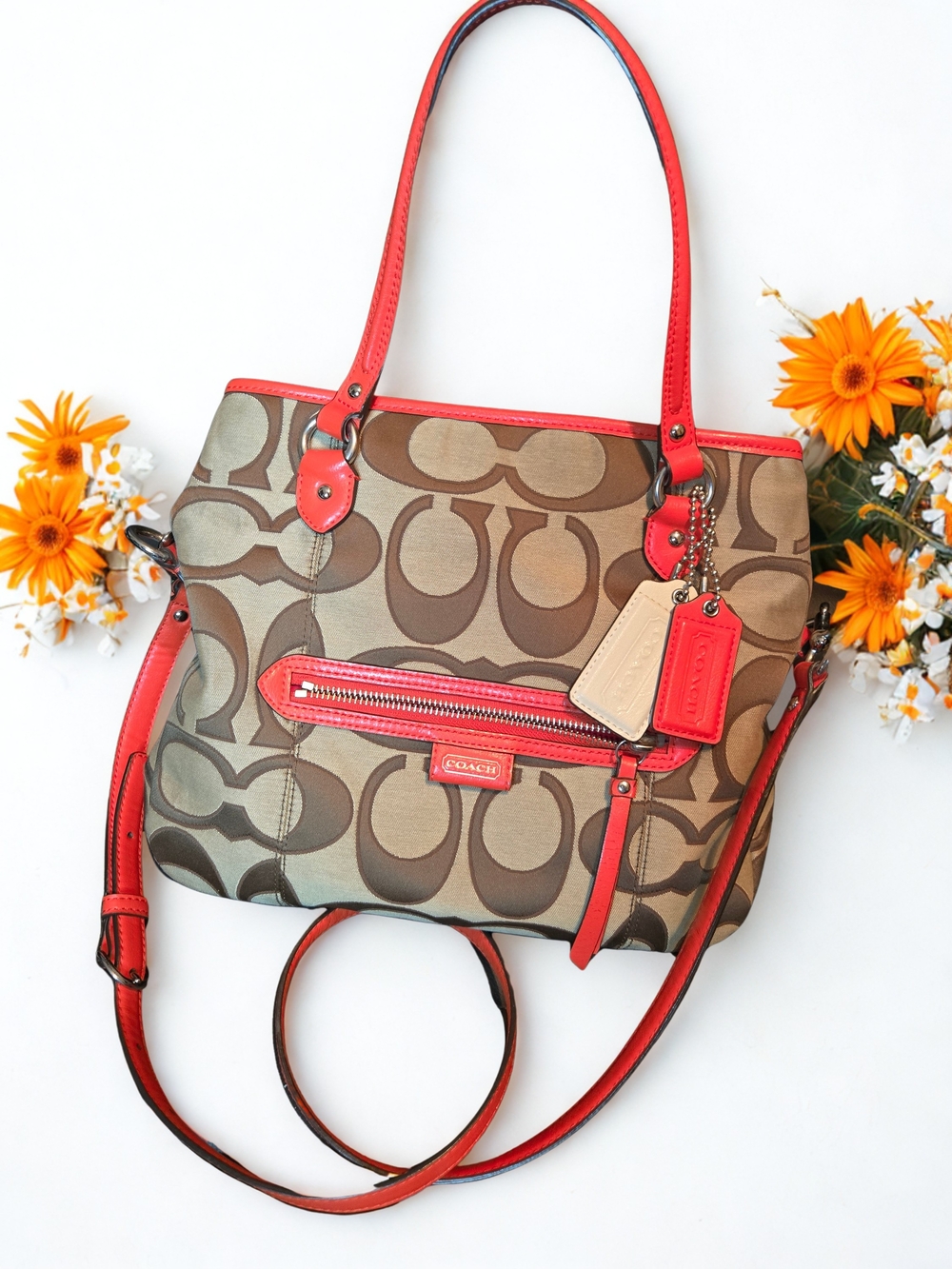 COACH Daisy Signature Canvas Tote with Orange Trim